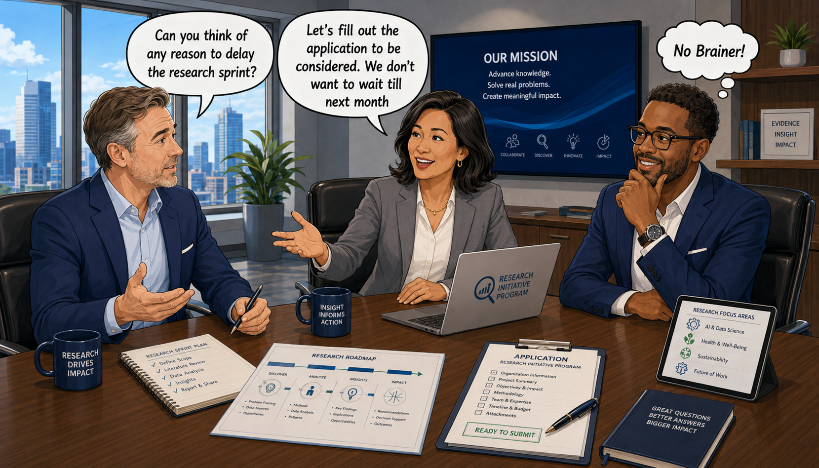 Three executives at a boardroom table with a research sprint plan, roadmap, and an 'Application — Research Initiative Program' clipboard marked Ready to Submit: 'Can you think of any reason to delay the research sprint?' 'Let's fill out the application to be considered. We don't want to wait till next month.' 'No Brainer!'