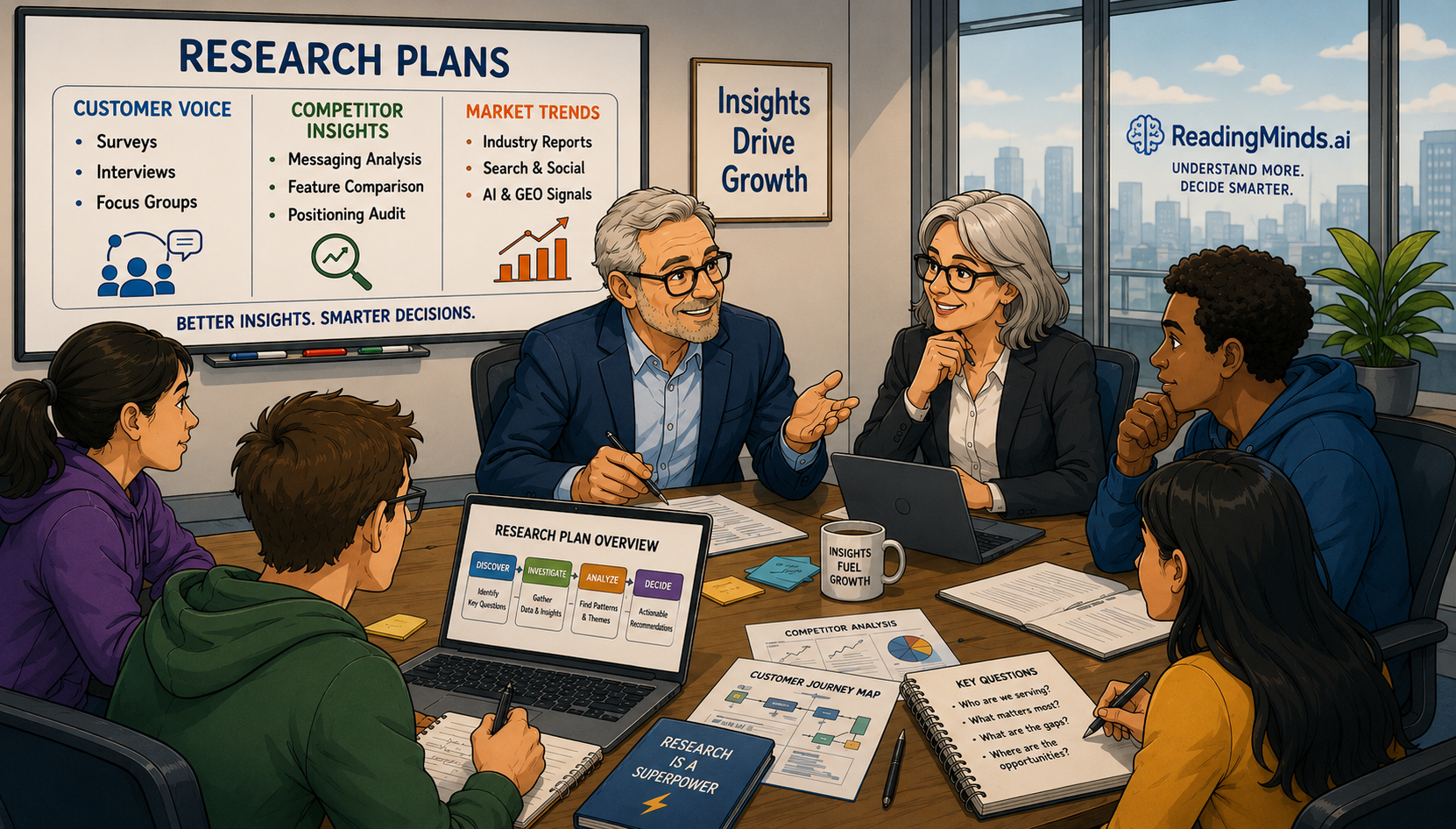 Research team in discussion beside a 'Research Plans' whiteboard (Customer Voice, Competitor Insights, Market Trends) and a ReadingMinds.ai 'Understand More. Decide Smarter.' poster.