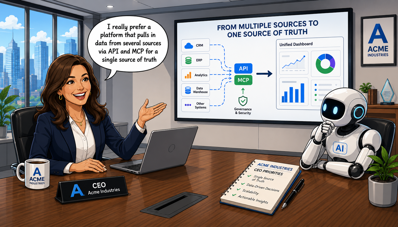 Acme Industries CEO presenting 'From Multiple Sources to One Source of Truth' with an AI robot: 'I really prefer a platform that pulls in data from several sources via API and MCP for a single source of truth.'