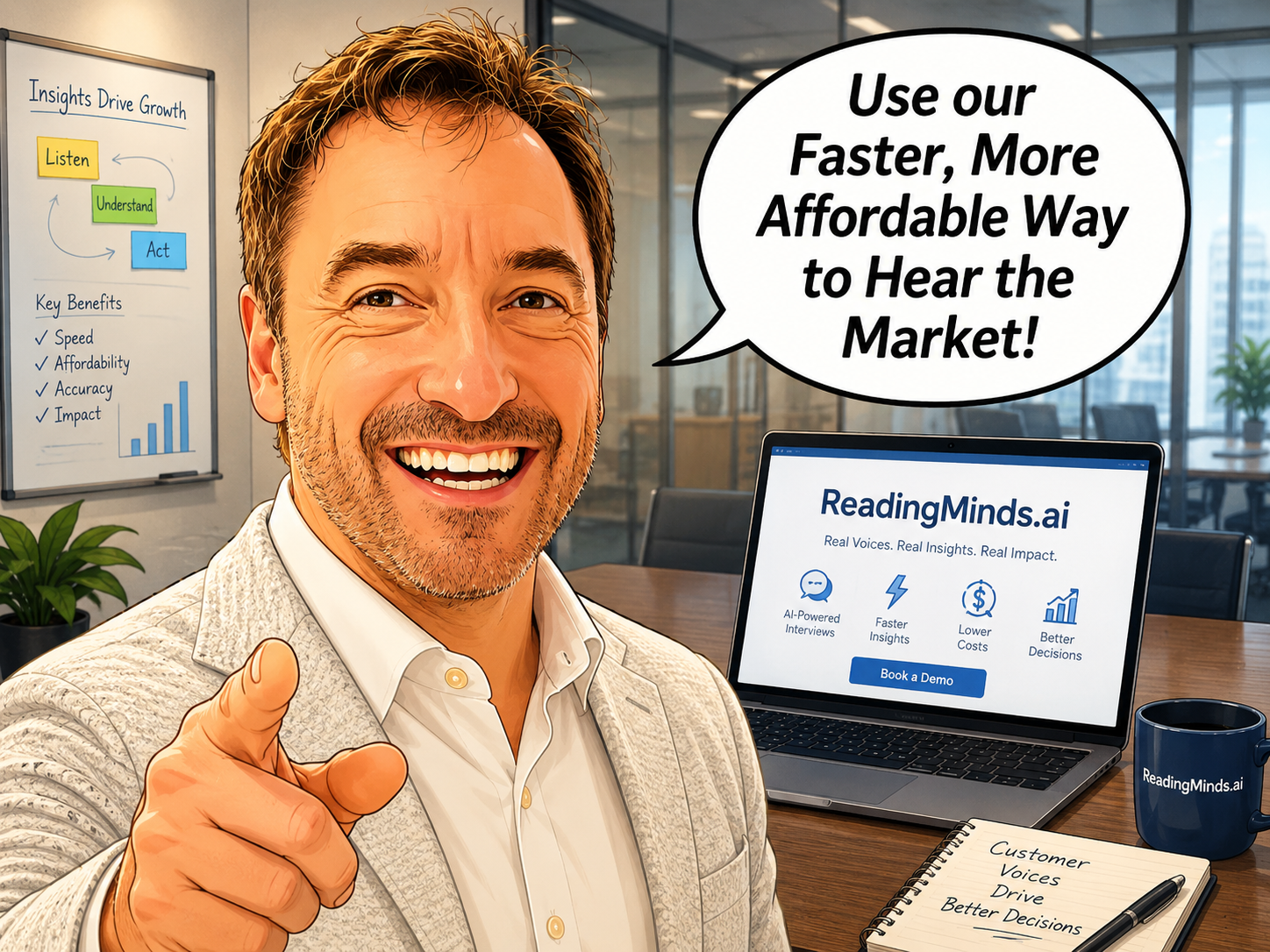 Business leader pointing at the viewer beside a 'ReadingMinds.ai — Real Voices. Real Insights. Real Impact.' laptop and an Insights Drive Growth whiteboard: 'Use our Faster, More Affordable Way to Hear the Market!'
