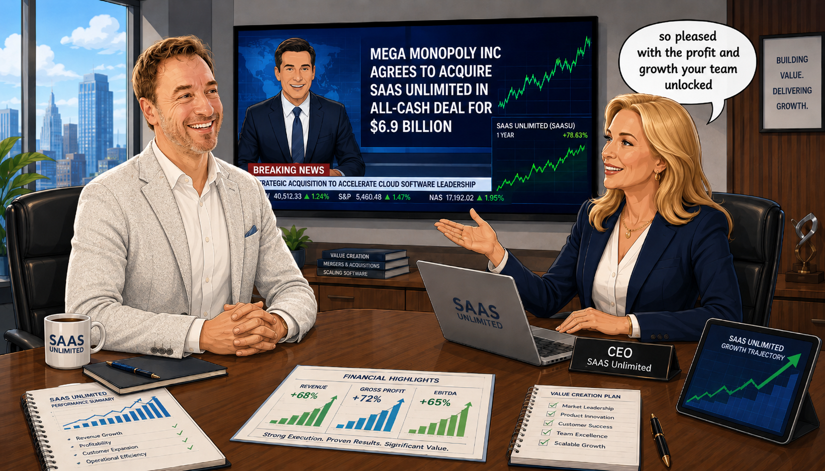 Two SaaS Unlimited executives at a boardroom table celebrating a 'Mega Monopoly Inc agrees to acquire SaaS Unlimited in all-cash deal for $6.9 billion' breaking-news screen; financial highlights show revenue +68%, gross profit +72%, EBITDA +65%. 'So pleased with the profit and growth your team unlocked.'