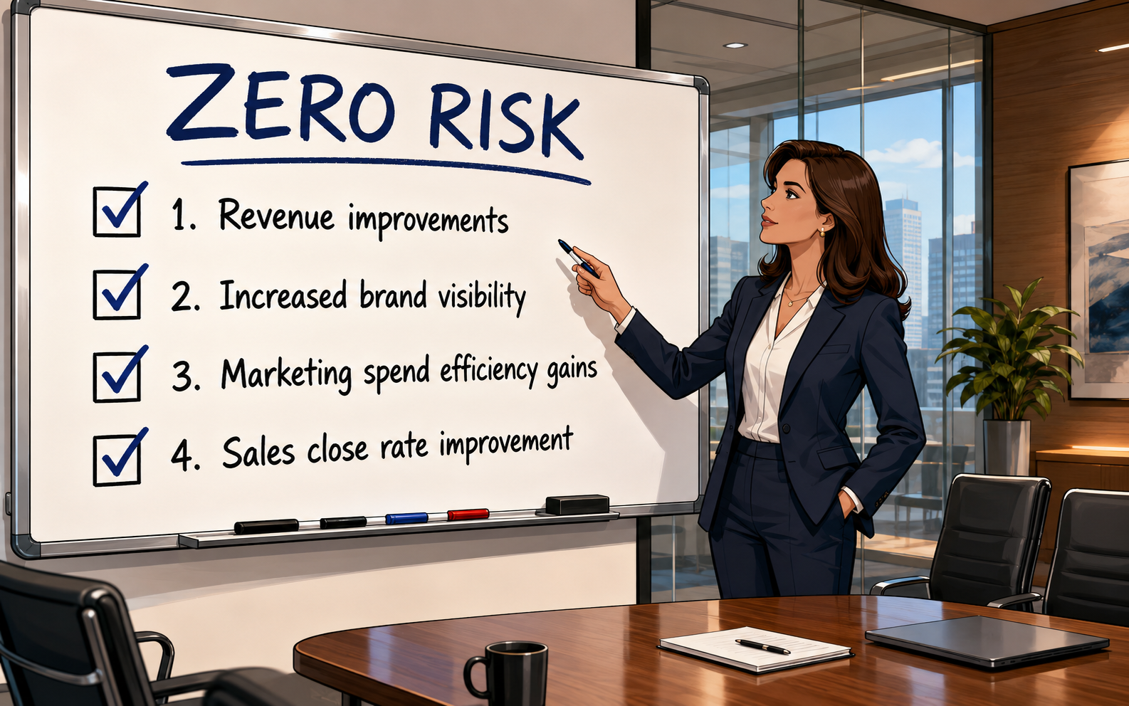 Executive at a whiteboard headed 'ZERO RISK' with a checklist: 1. Revenue improvements, 2. Increased brand visibility, 3. Marketing spend efficiency gains, 4. Sales close rate improvement.