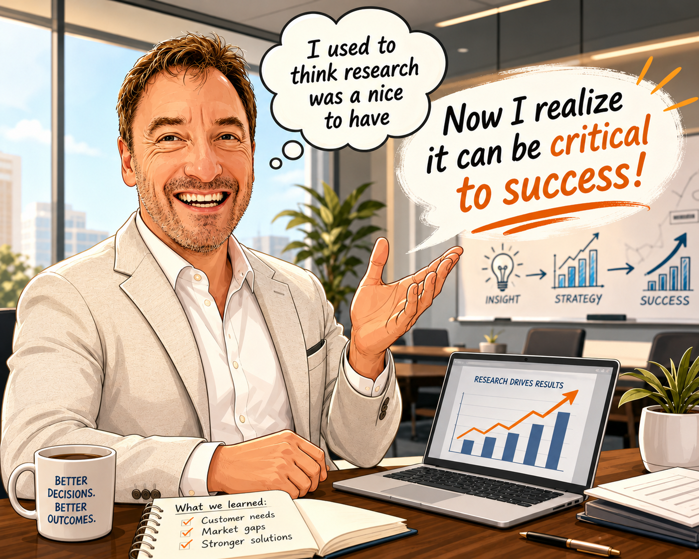 Business leader at his desk: 'I used to think research was a nice to have. Now I realize it can be critical to success.'