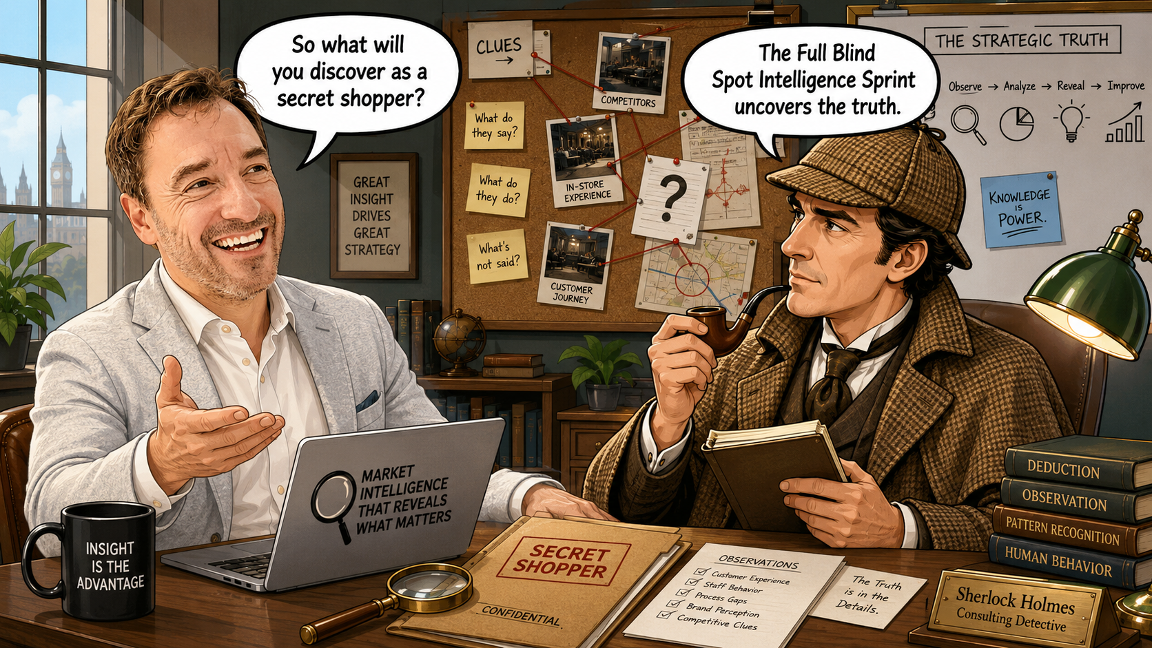 Business leader talking with a Sherlock Holmes 'consulting detective' beside a clue board (competitors, in-store experience, customer journey) and a CONFIDENTIAL 'Secret Shopper' file: 'So what will you discover as a secret shopper? The Full Blind Spot Intelligence Sprint uncovers the truth.'