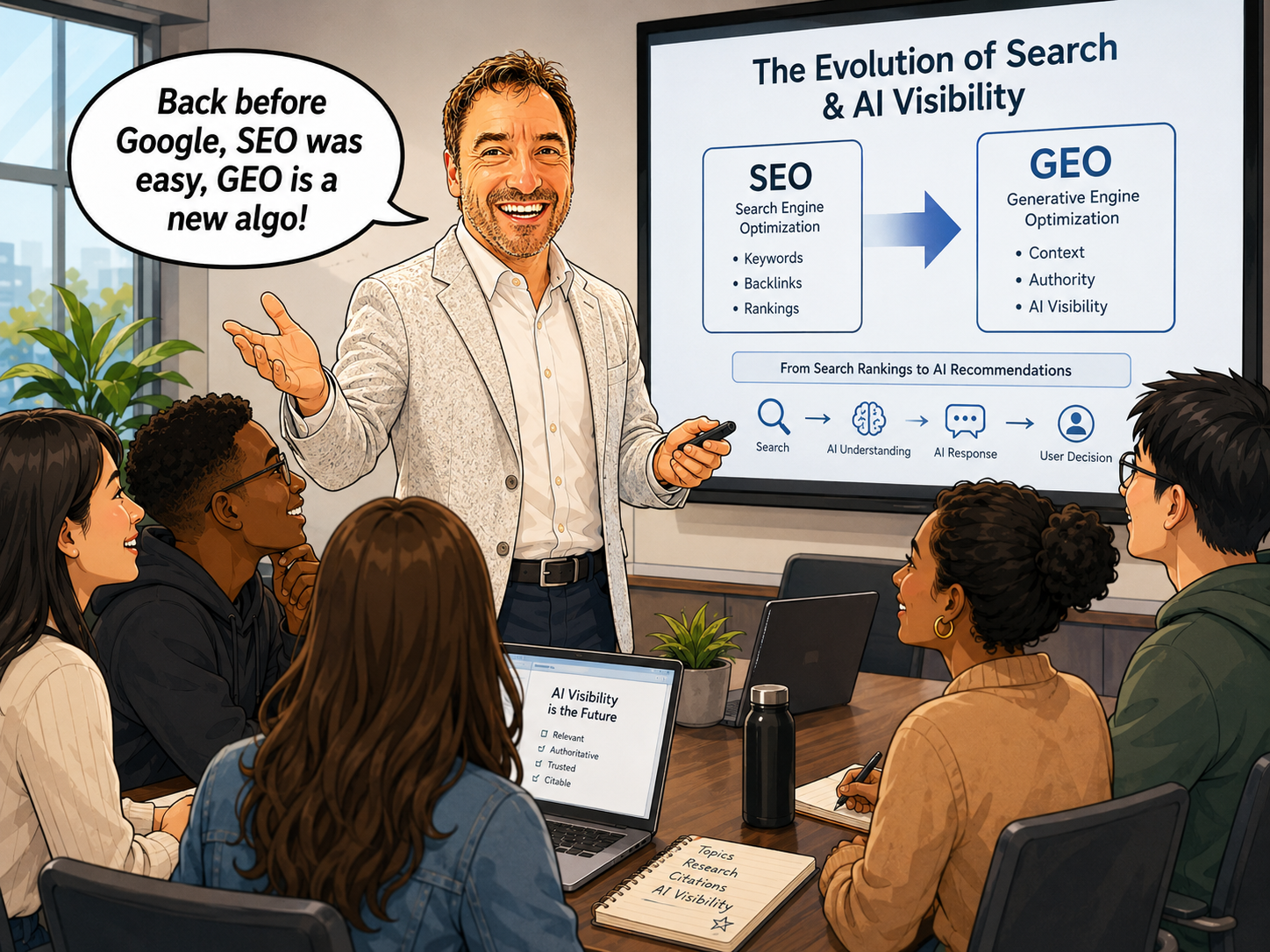 Presenter leading a research team beside a screen titled 'The Evolution of Search & AI Visibility' showing SEO to GEO: 'Back before Google, SEO was easy, GEO is a new algo!'