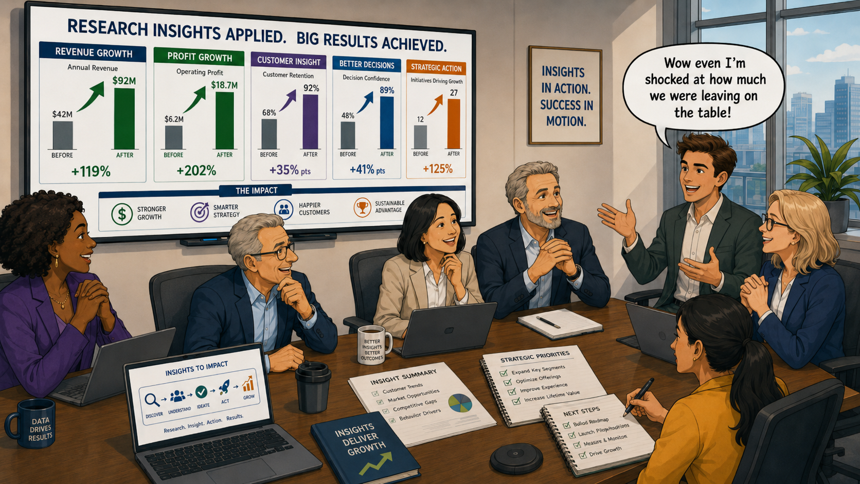 Boardroom team reacting to a 'Research Insights Applied. Big Results Achieved.' dashboard of before/after revenue, profit, retention and decision gains: 'Wow, even I'm shocked at how much we were leaving on the table!'